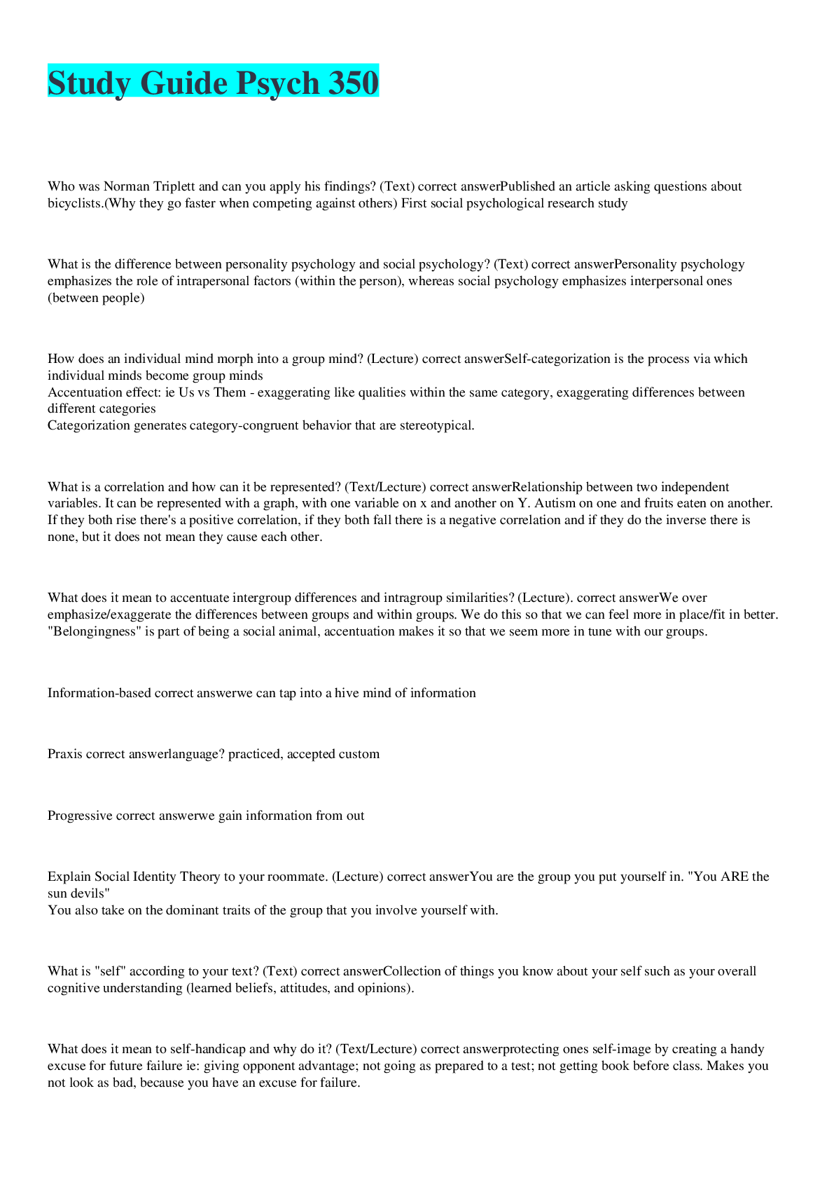 Preview image of Study Guide Psych 350 document